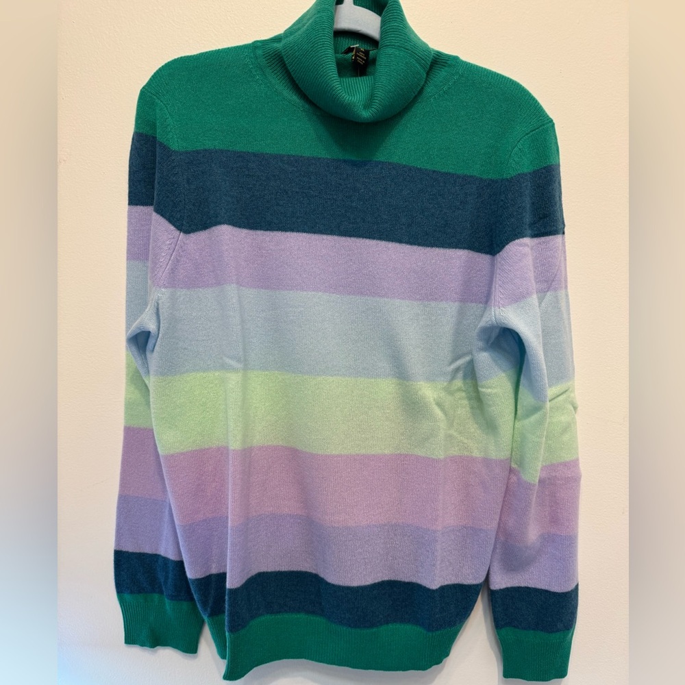 Charter Club Women's Striped Cashmere Turtleneck Sweater Peacock Green Combo - Picture 3 of 7